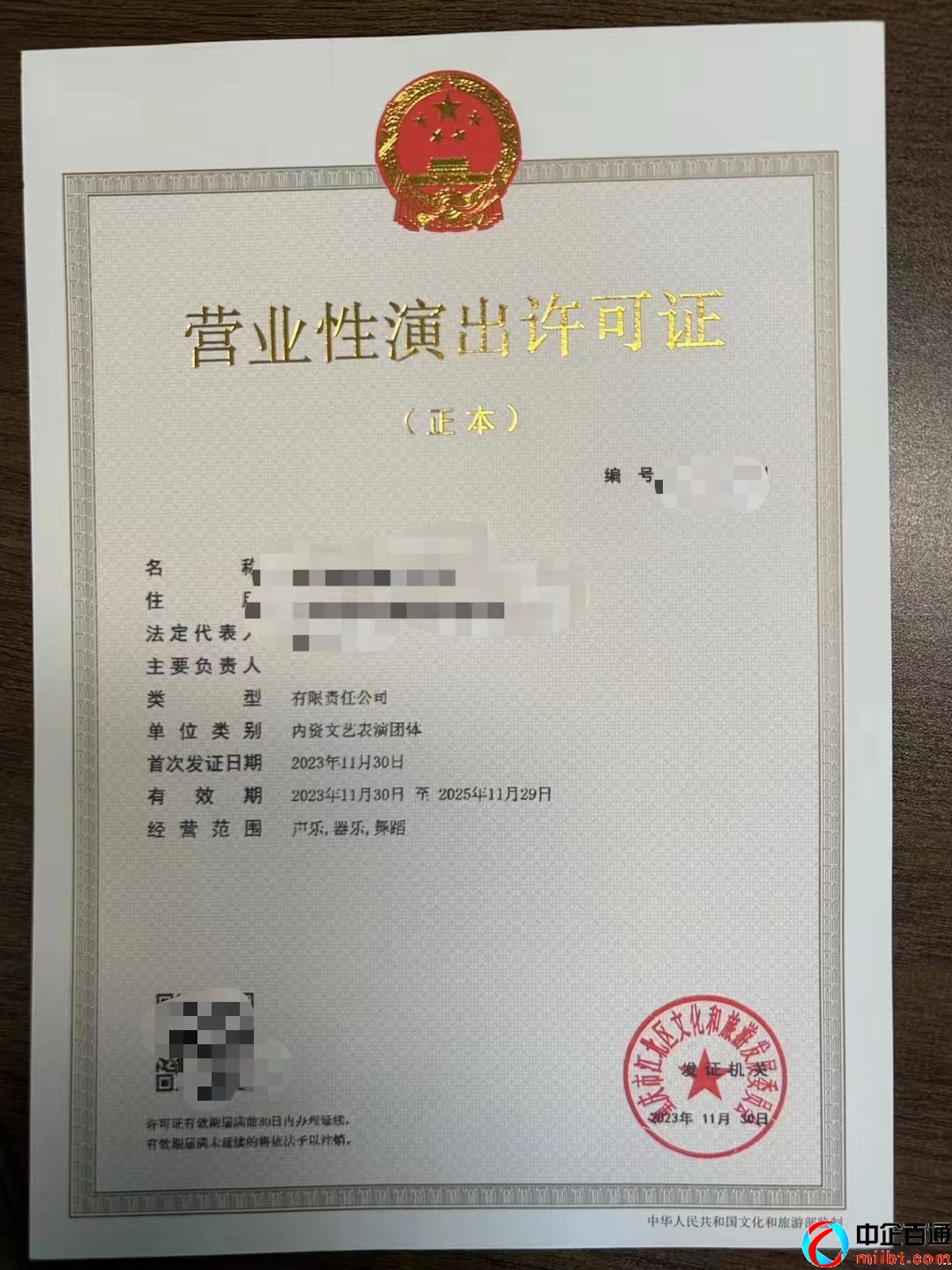 重慶營業(yè)性演出許可證文藝表演團(tuán)體案例（2023年11月）